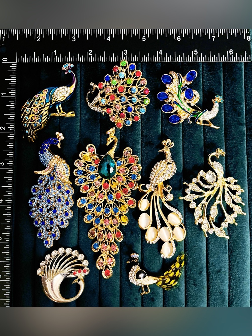 Lot of 9 Peacock Brooches Pins Rhinestone Crystal Statement Jewelry